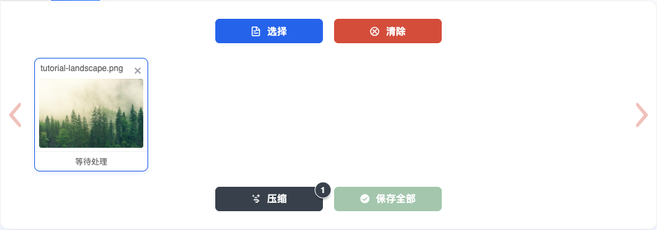 森林风景照片加入 tobeimage 压缩队列后的界面,显示照片缩略图和压缩按钮